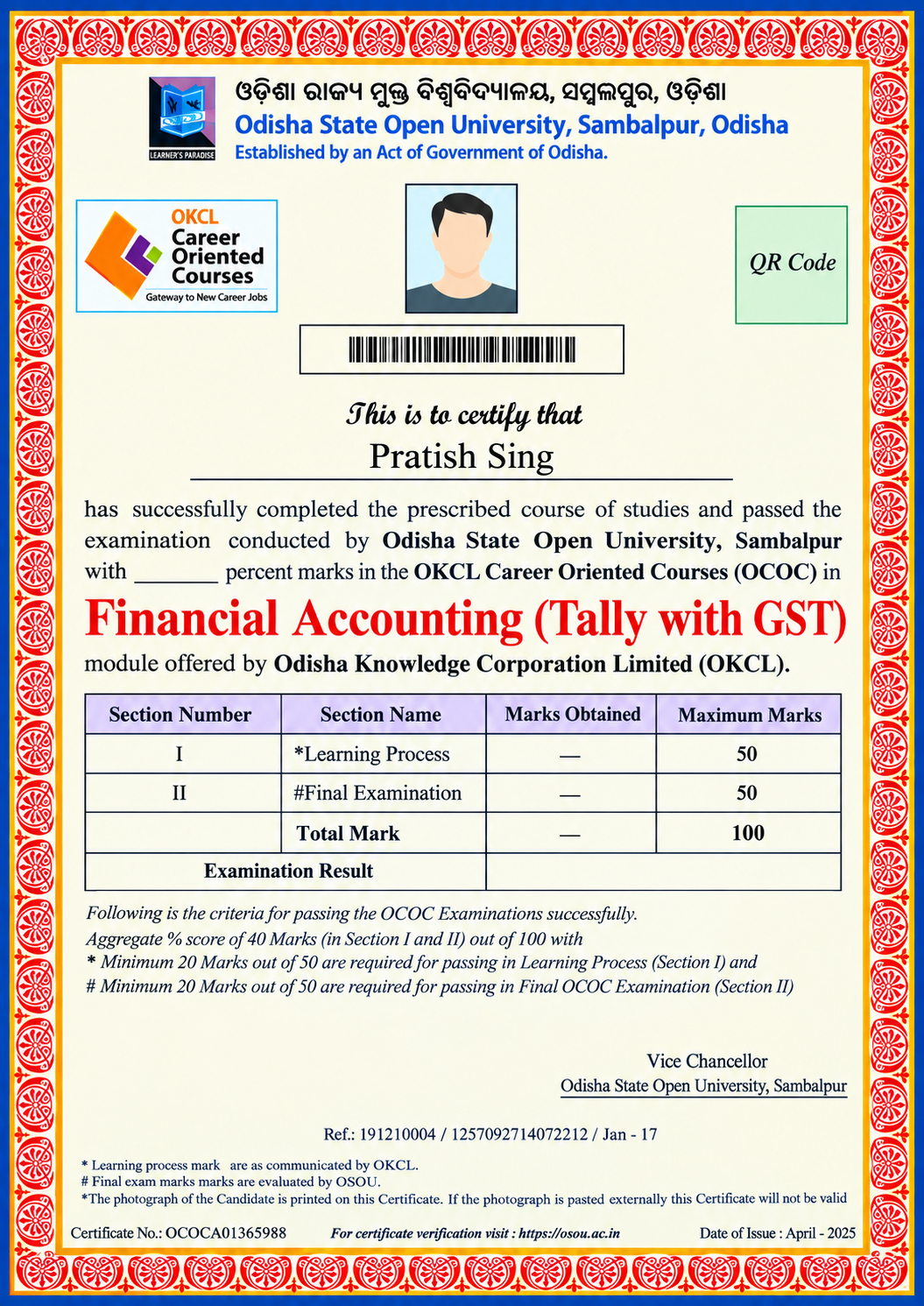 OCOC Certificate Sample